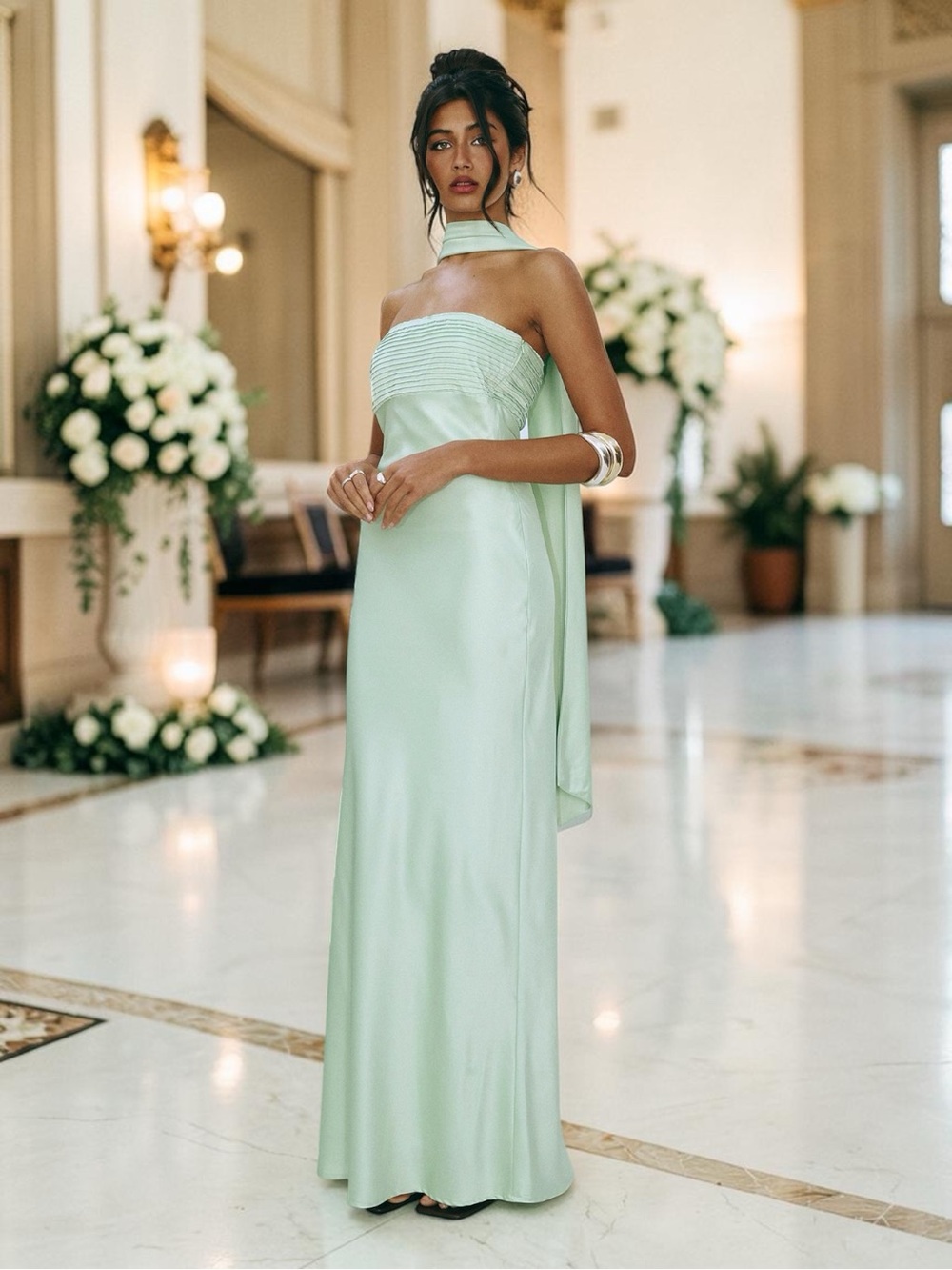 NEW Princess Polly Sage Green Satin Strapless Gown, Maxi Dress